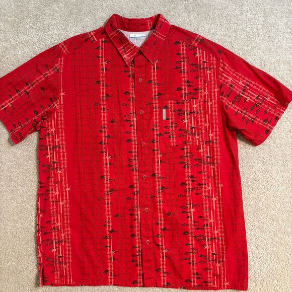 Columbia PFG Fishing Shirt All Over Fish Print Vented Button‎ Up  Red XL - Picture 1 of 8